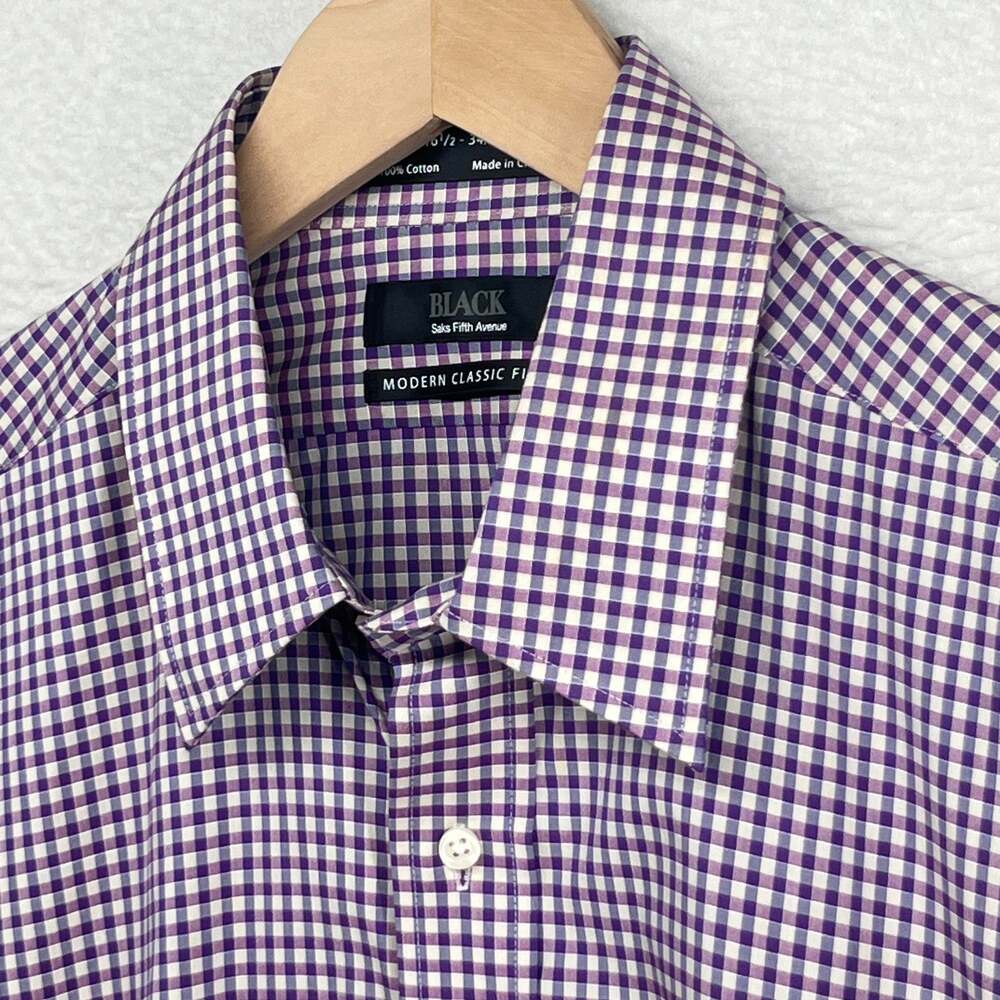 SAKS FIFTH AVENUE Shirt Mens 16.5 34/35 BLACK Dress Gingham Check Purple NEW